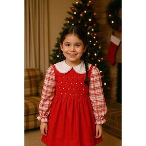 Vintage Polly Flinders Girls Dress Sz 6 Burgundy Red Smocked Floral Holiday